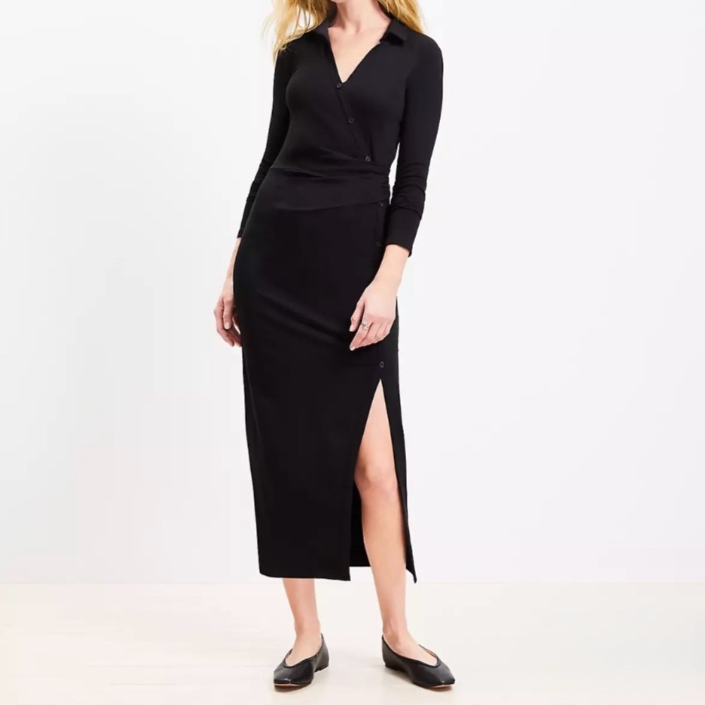 LOFT Wrap Knotted Button Side Shift Dress Size 8 Black Side Slit NWOT